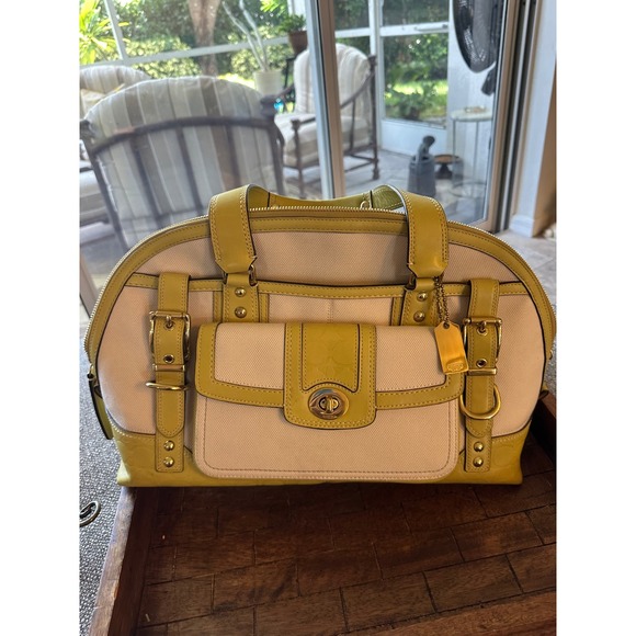 Coach Handbags - Coach Hampton Miranda 11954 Canvas Leather Satchel Ivory Lime Green Handbag EUC